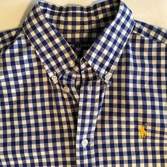 Ralph Lauren navy white gingham button down shirt yellow polo pony - Picture 4 of 13